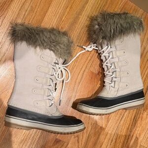 Sorel Beige and Black Fur-Trimmed Winter Boots